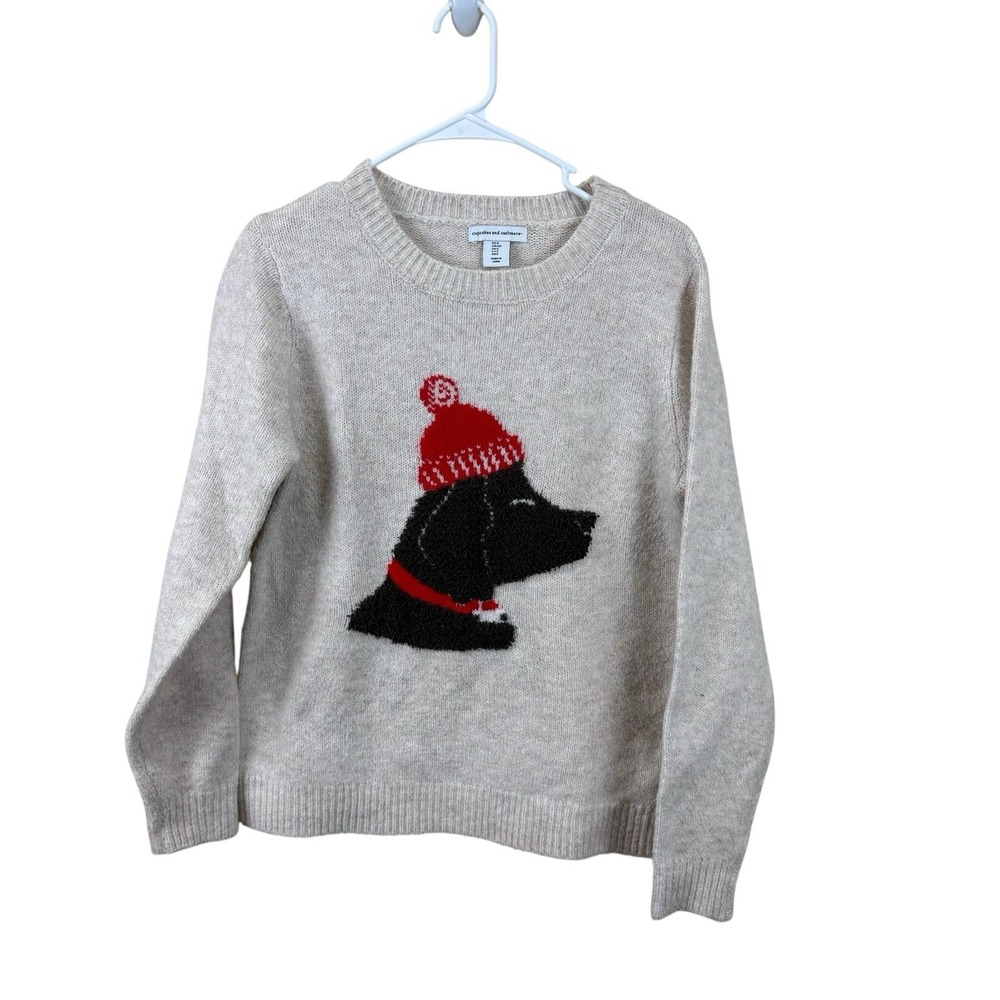 Cupcakes and cashmere Cream Sweater with Dog and Red Hat Design S Ivory Cozy